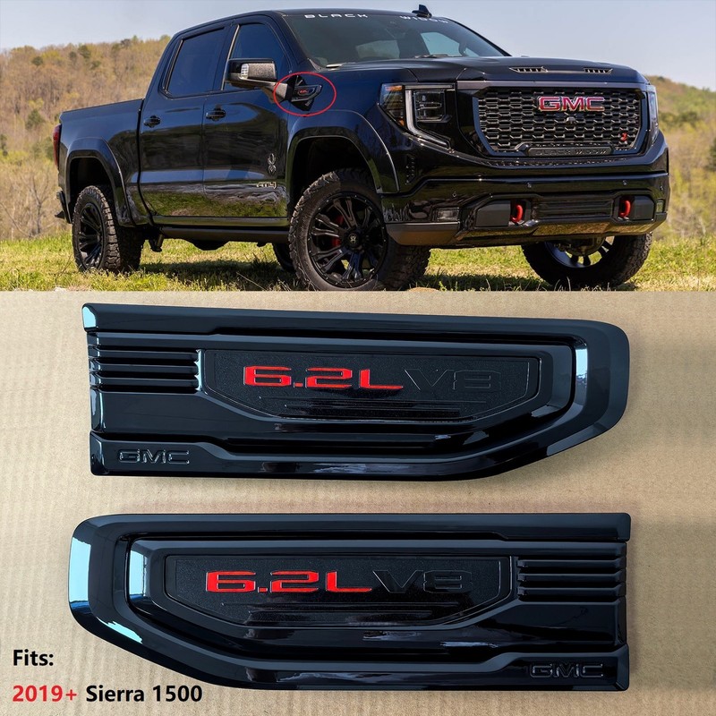 OEM 2019+ GMC Red 6.2L V8 Fender Vent Emblem for Sierra 1500 Black 86532094