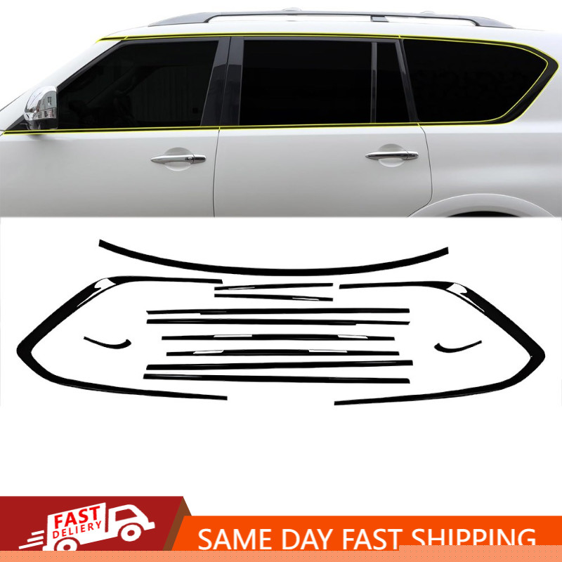 13pcs Window Molding Trim Frame Strips Gloss Black New For 18-24 Nissan Armada