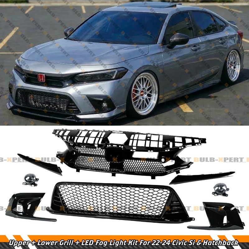 For 22-24 Civic Si Hatch Gloss Black Front Upper + Lower Grille + LED Fog Light