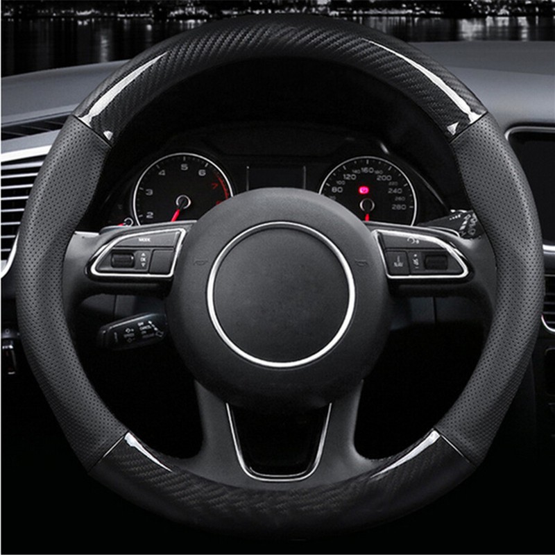 38CM Deluxe Black Carbon Fiber & Leather Car Steering Wheel Cover Trim Universal
