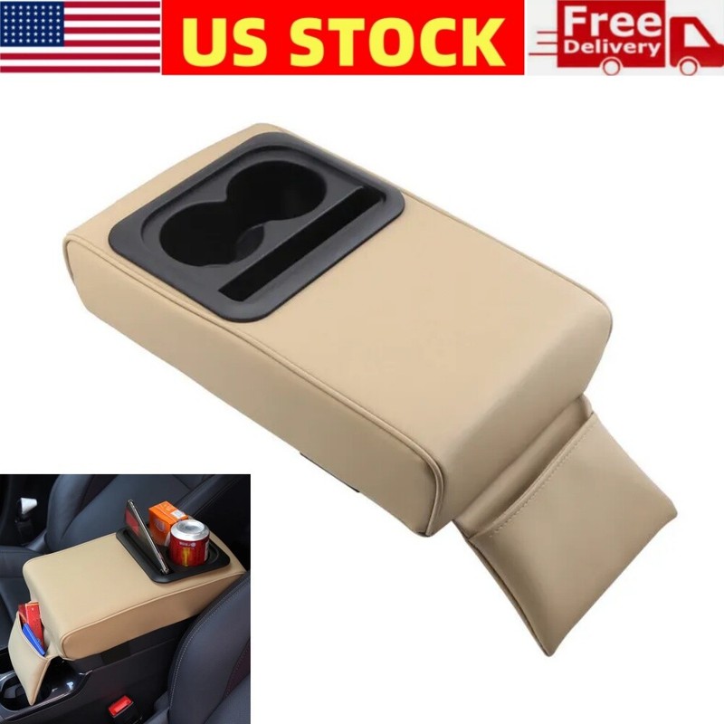 Car Center Console Pad PU Leather Armrest Cushion w/Cup Holder Elbow Rest Pillow