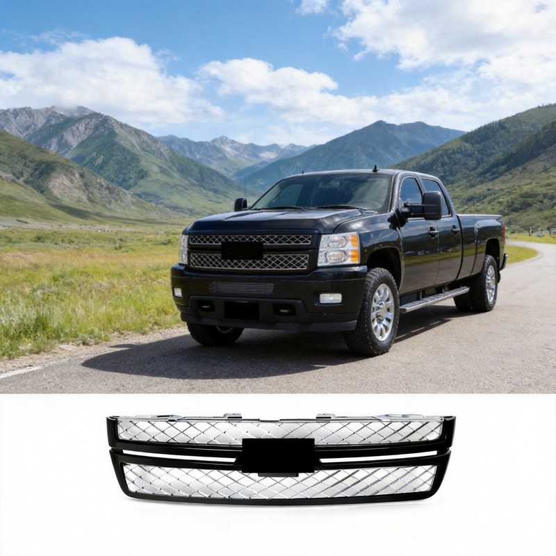 Gloss Black Front Grille W/Chrome Mesh Fit For 2011-2014 Silverado 2500 3500 HD