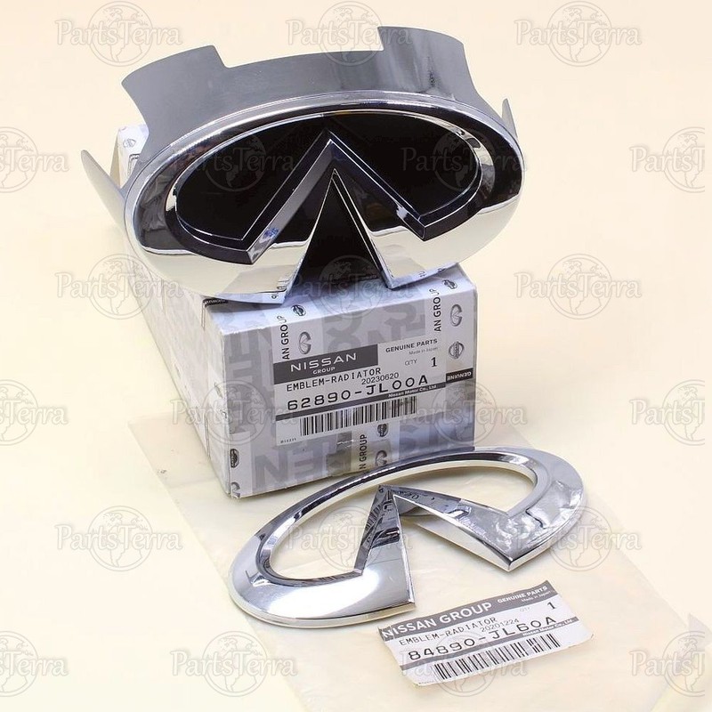 Genuine OEM Nissan Infiniti Front & Rear Emblem Set 84890-JL60A & 62890-JL00A gallery