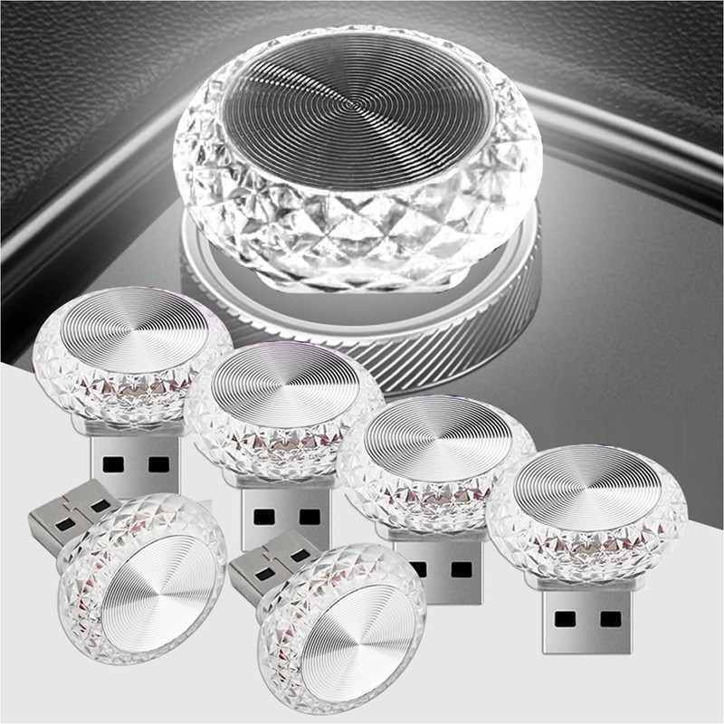 6PCS USB LED Car Interior Atmosphere Lamp Crystal Car Ambient Light Cool White