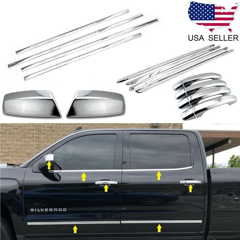 For 2014-2018 GMC Sierra Crew Cab Chrome Handle Mirror Window Sills Side Molding