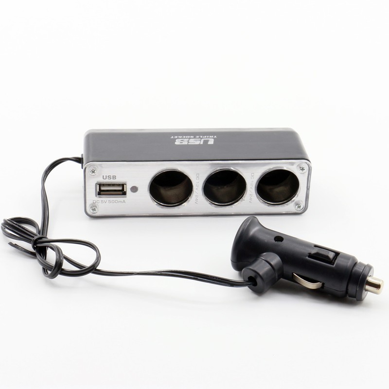 3 Way DC 12V/24V Multi Socket Car Cigarette Lighter Splitter USB Plug Charger gallery