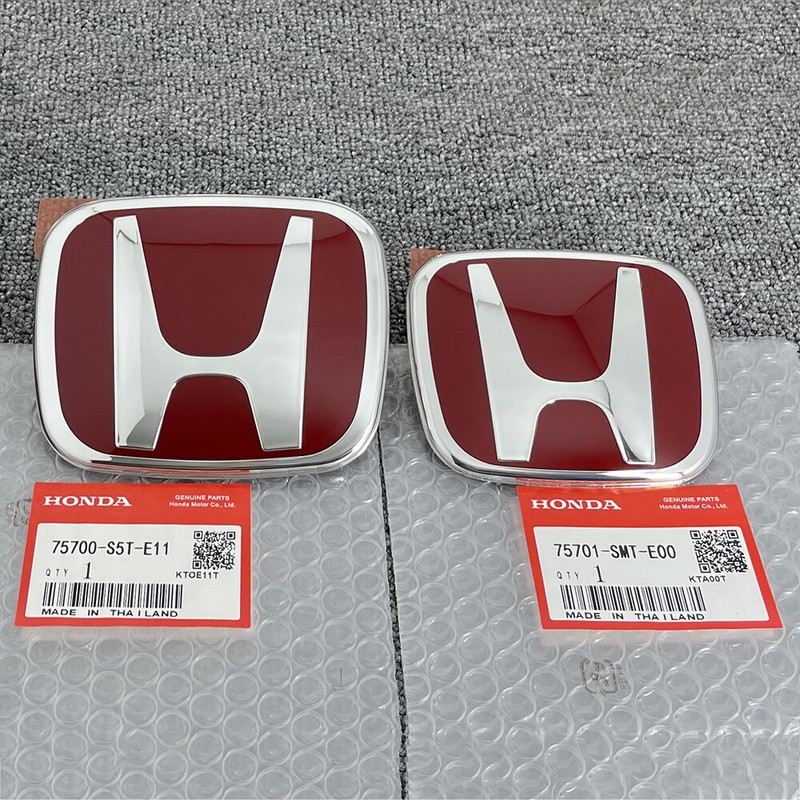 For Honda/Civic Sedan 4Dr Si Se Lx 2016-2021 2x Front Emblem +Rear Badge Red JDM