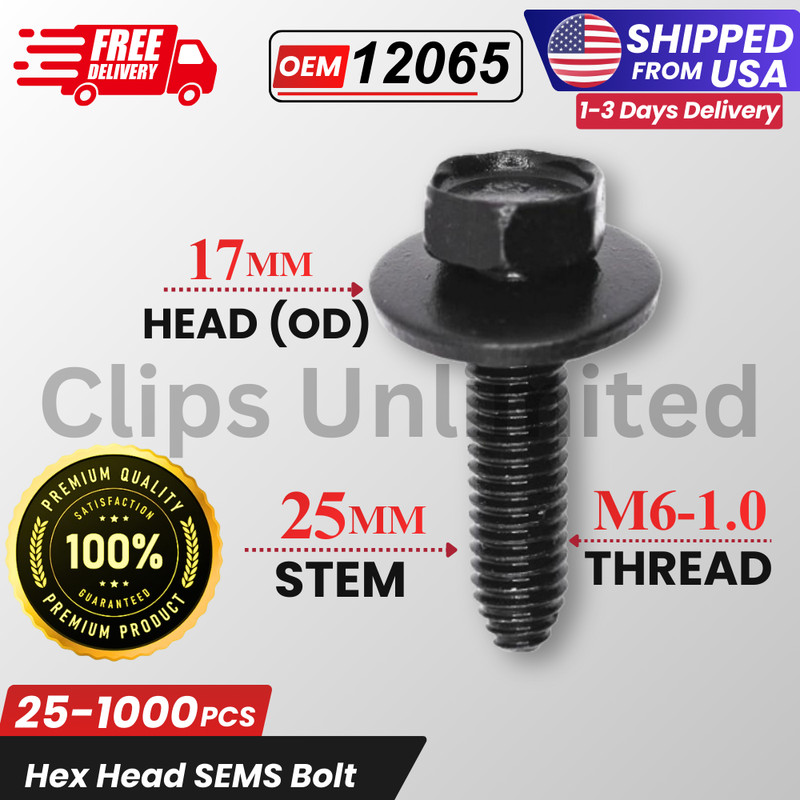 A 12065 M6-1.0 x 25mm Hex Head SEMS Bolt, 17mm Washer OD GM 11503834, 25-1000PCS