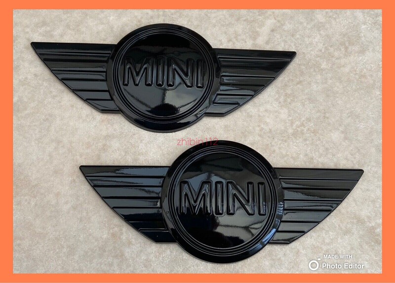 Set 🇬🇧GLOSS BLACK 🇬🇧MINI🇬🇧R50 R55 R56 R57 METAL BONNET AND BOOT BADGES