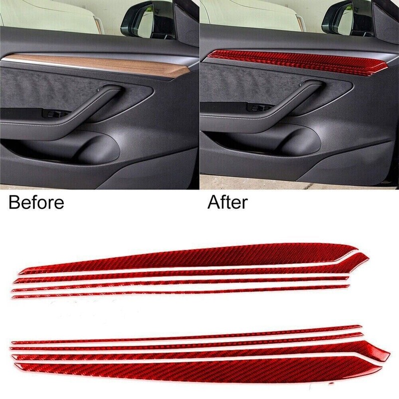 8pcs For Tesla Y 3 2017-2022 Red Carbon Fiber Door Panel Interior Trim Set
