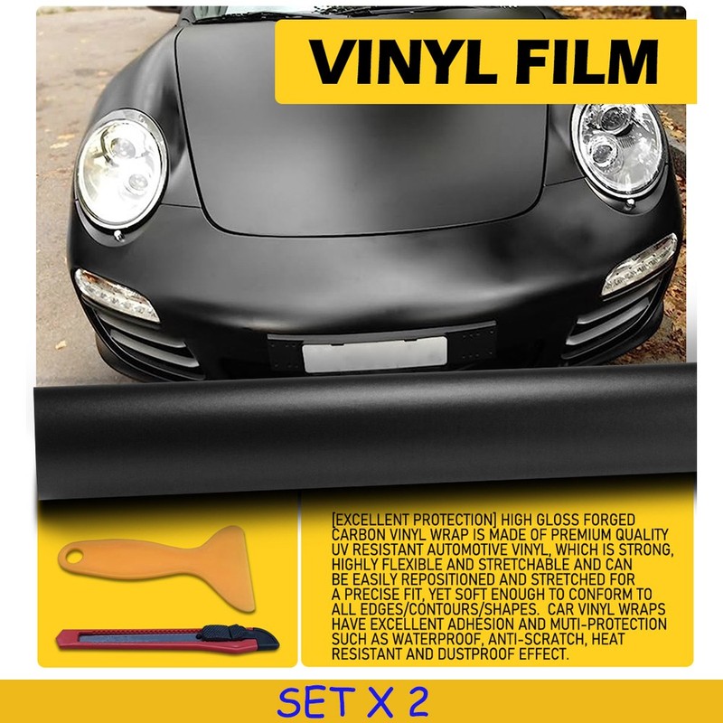 2PCS Bubble Free Matte Black Vinyl Wrap 30cm x 1.5m Car Sticker Film +Knife Tool