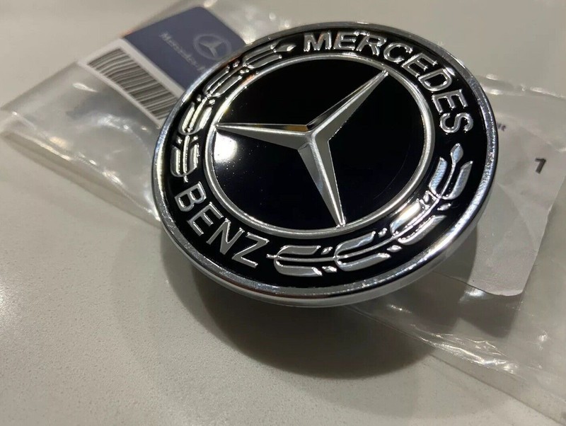 57MM SILVER BLACK EMBLEM MERCEDES BENZ AMG FRONT HOOD FLAT LAUREL WREATH BADGE gallery