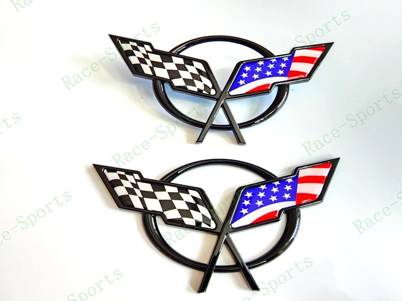 2PC Black Front & Rear Deck Lid Cross Blue US Flags Emblem 1997-2004 C5 Corvette