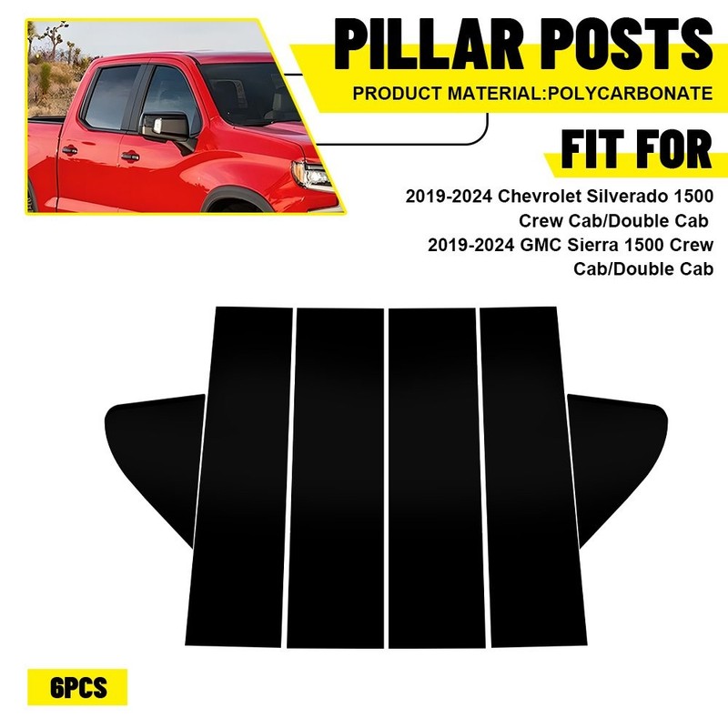 Black Pillar Posts Covers 6PCS Door Trim FOR Chevy Silverado Crew 2019-2023 I
