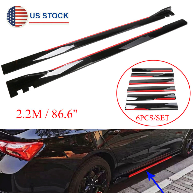 86.6″ Cuttable Car Side Skirt Extensions Rocker Panel Lip Splitters Black + Red