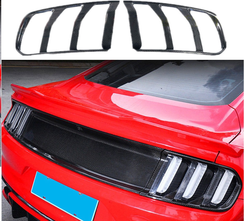 Black Carbon Fiber Tail Light Lamp Bezels Cover Trim For 2015-2017 Ford Mustang