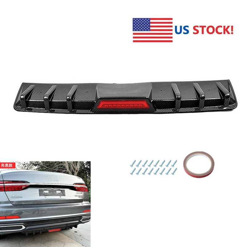 Carbon Fiber Look Car Rear Bumper Diffuser Spoiler W/ LED Tail Brake Stop Light