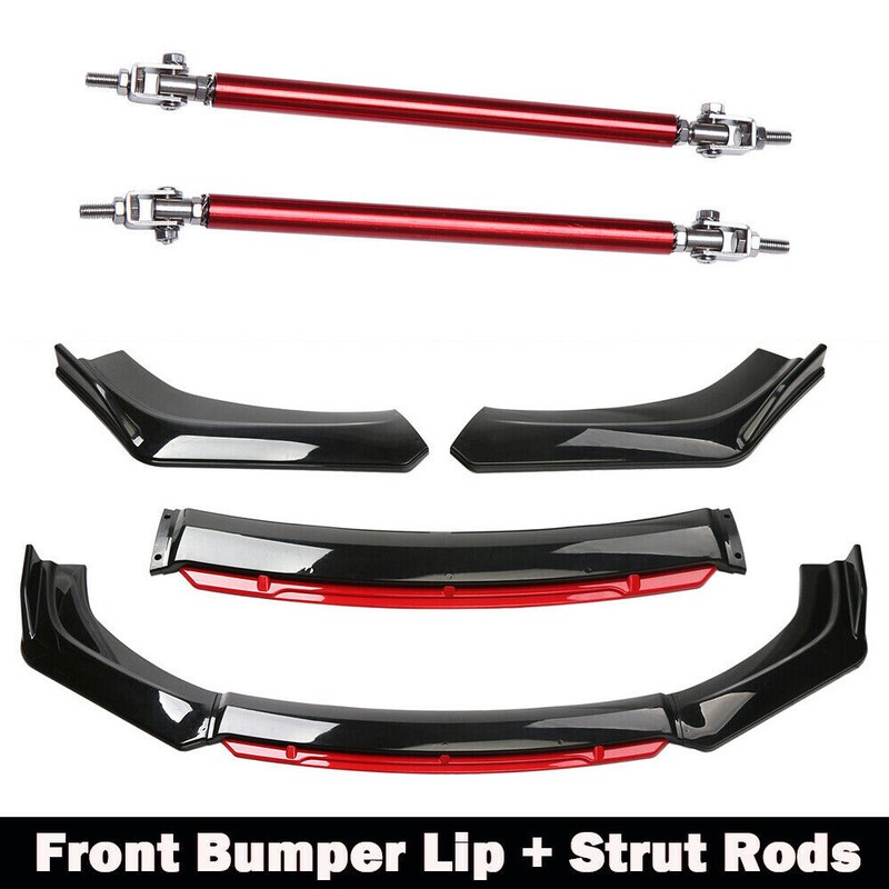 Glossy Black Car Front Bumper Lip Chin Spoiler Splitter Body Kit+Strut Rods(Red)
