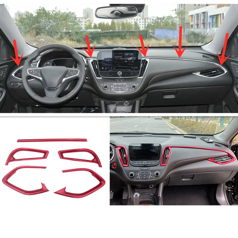 5pcs ABS Bright Red For Chevrolet Malibu 2016-2021 Dashboard Air Vent Cover Trim