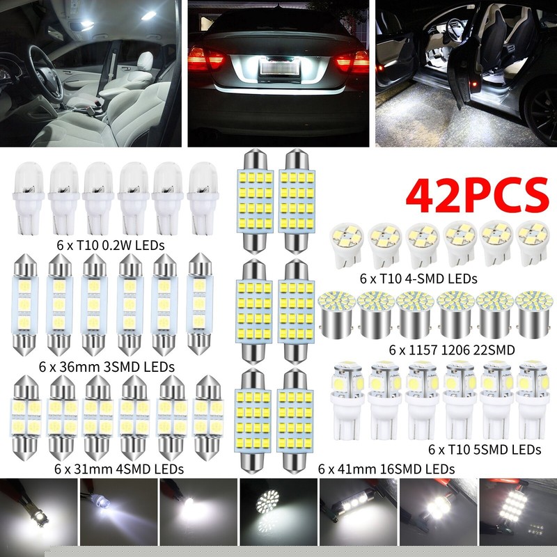 42PCS Car Interior Combo LED Map Dome Door Trunk License Plate Light Bulbs White