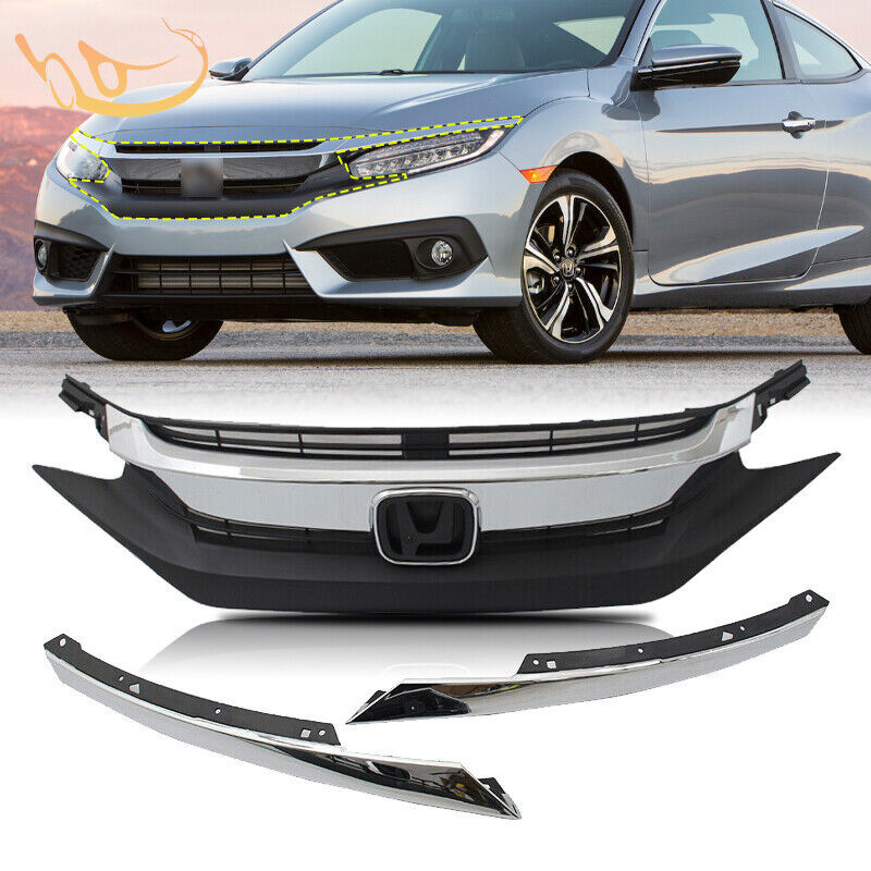 Front Upper Grille 3p With Molding Chrome For 2016 2017 2018 Honda Civic Sedan