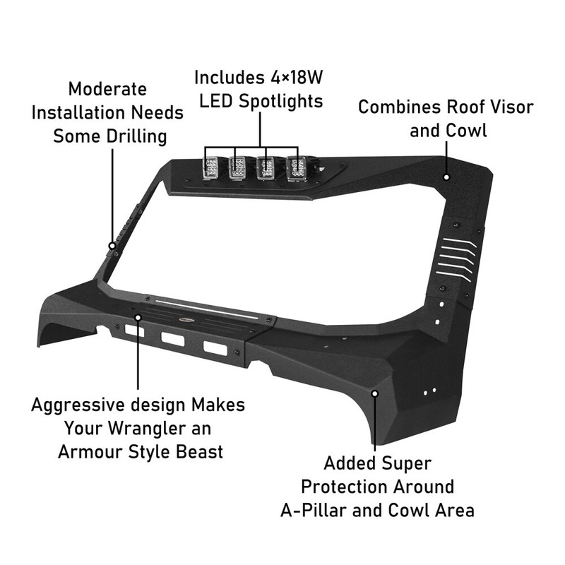Steel Windshield Frame Cover Visor w/ LED Lights Fit 2007-2018 Jeep Wrangler JK gallery