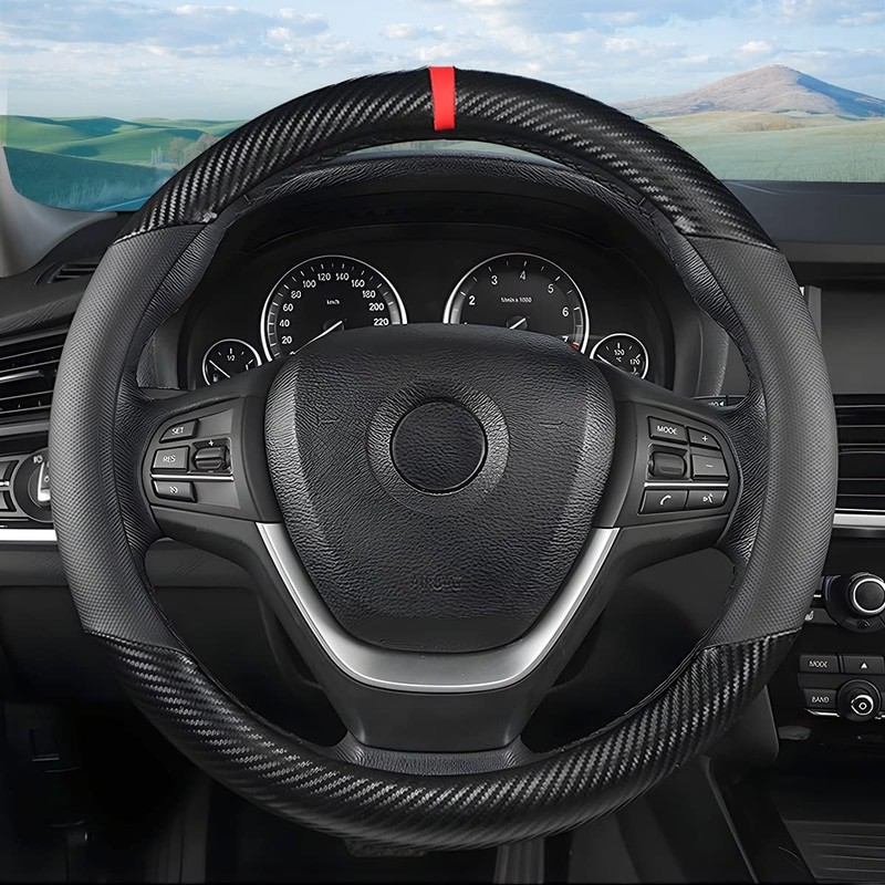 For Chevrolet Car Steering Wheel Cover Carbon Leather 15inch Non-Slip Breathable