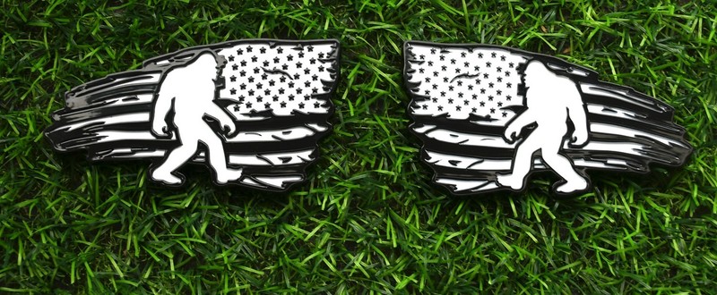 Pair Sasquatch USA American Flag Decal Sticker Left and Right Badge Black White