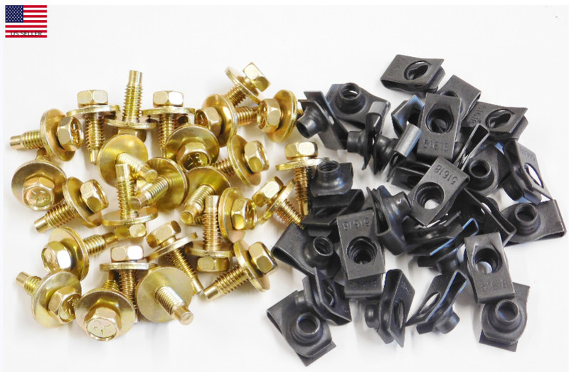 5/16″ x 15/16″ YELLOW Body Bolts & BLACK U-Nut Clips Ford Lincoln Mercury 25 ea