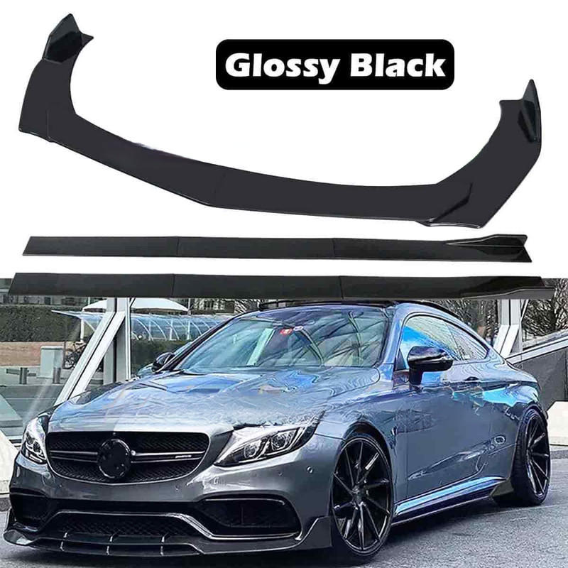 For Benz W205 W204 W21 Front Bumper Lip Splitter Spoiler + 86.6″ Side Skirts