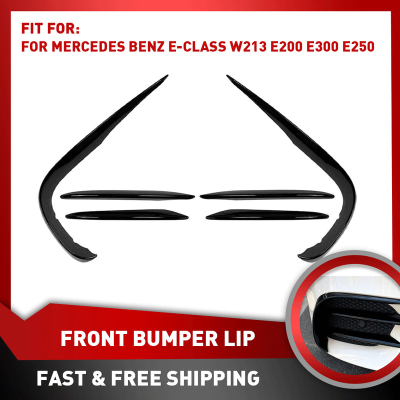 For Benz E-Class W213 16-2020 Glossy Black Front Bumper Lip Spoiler Fins Canards