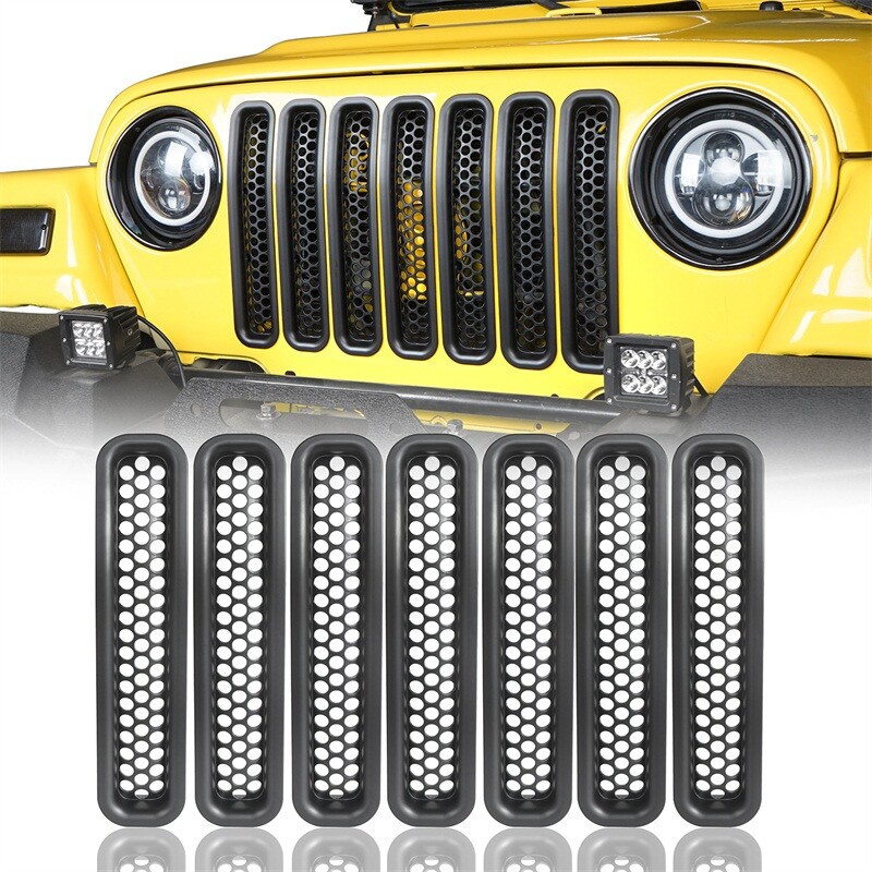 FIT JEEP WRANGLER TJ 1997-2006 MATTE GRILL MESH INSERT + HEADLIGHT ROUND BEZEL gallery