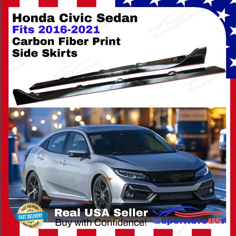 Fits 2016-21 Civic Hatchback Carbon Fiber Print Side Skirt Body Kit w/ Red Trims