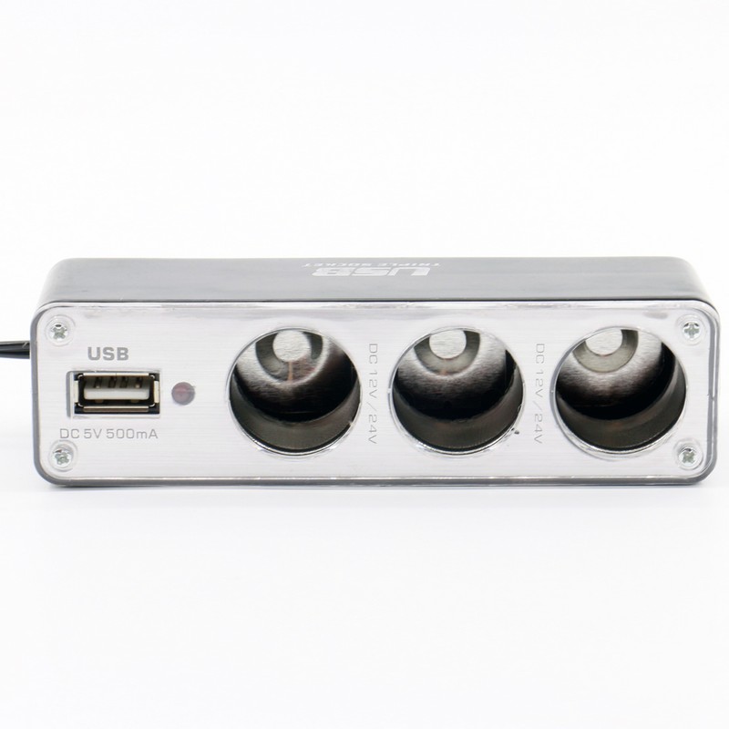 3 Way DC 12V/24V Multi Socket Car Cigarette Lighter Splitter USB Plug Charger gallery