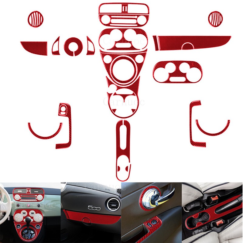 27pcs For Fiat 500 2012-2015 Red Carbon Fiber Full Kits Interior Trim Set
