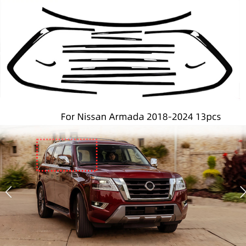 13pcs Gloss Black Window Molding Trim Frame Strips For Nissan Armada 2018-2024