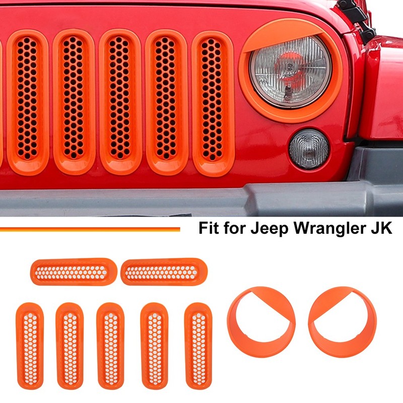 9x Orange Grille Inserts & Headlight Decor Trim Cover for Jeep Wrangler JK 2007+