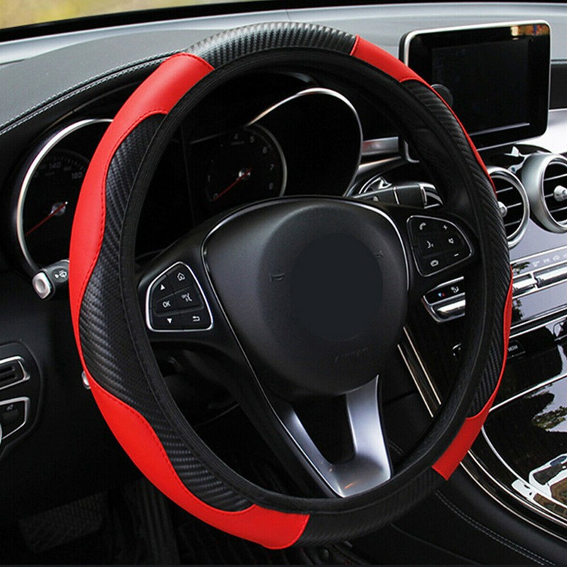 Red Carbon Fiber Leather Car Steering Wheel Cover Protector Accessories 15″