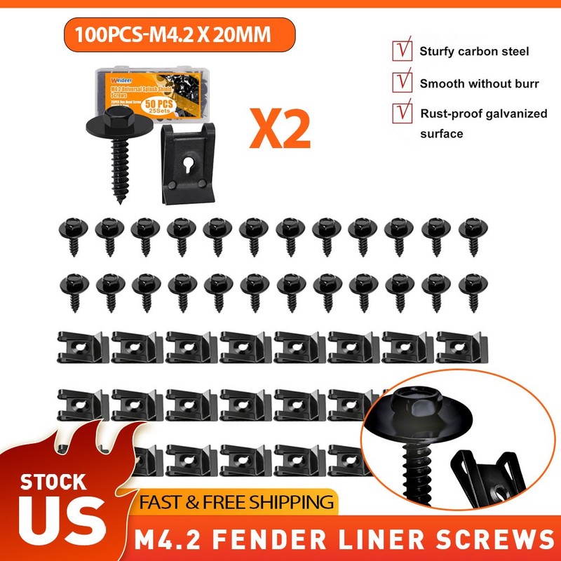 100pcs Universal M4.2 Fender Liner Splash Screw Shield & U Nut Kit Body Retainer