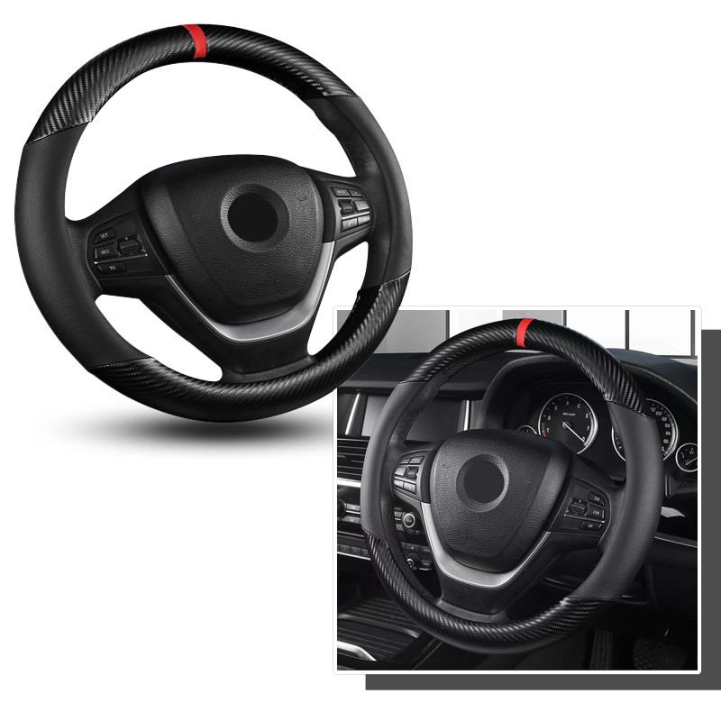 For Ford Car Steering Wheel Cover Carbon Leather 15 inch Non-Slip Breathable