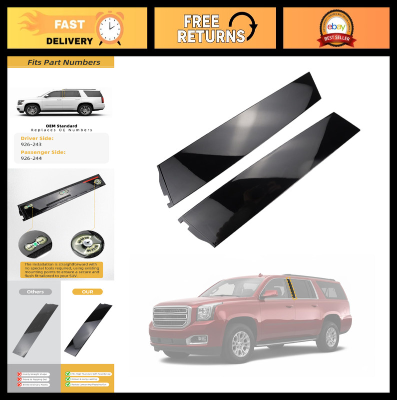 Window Trim Molding B-Pillar Set for 2015-2018 Chevy Tahoe, GMC Yukon, Cadillac