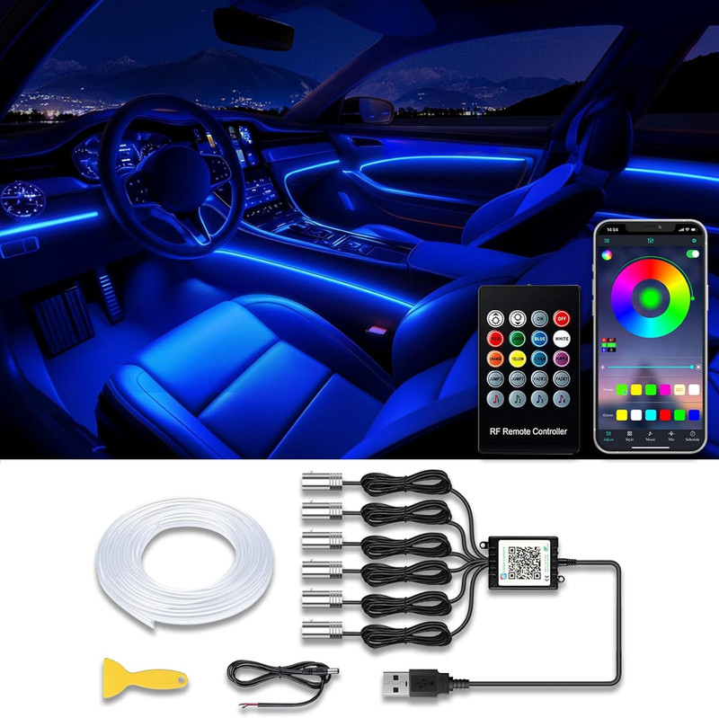 6-In-1 Car LED Strip Lights RGB App Remote Music Sync Fiber Optic Kit 12 Volts
