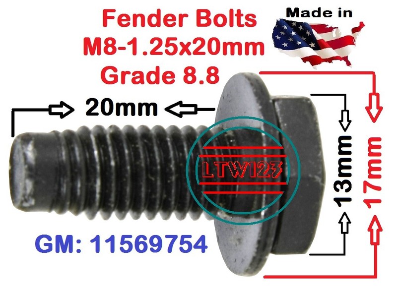 (4) M8-1.25x20mm Fender Bolt with Spin Washer
