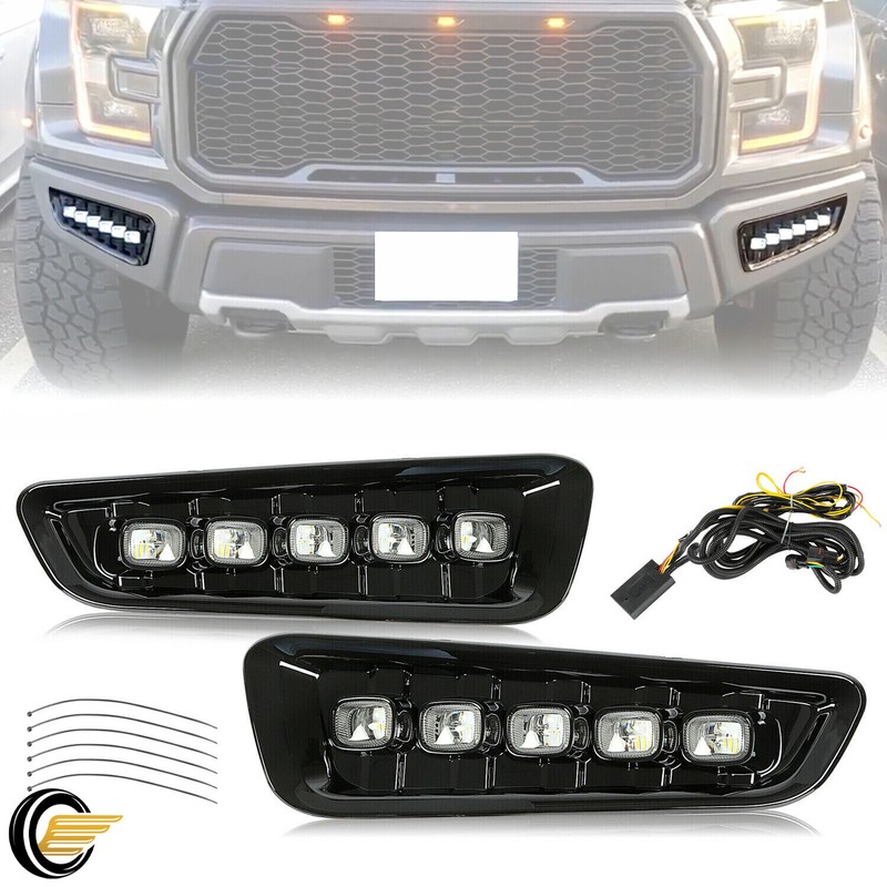 For Ford F-150 Raptor 2017- 20 F150 LED DRL w/ Turn Signal Fog Lights Bezels Kit