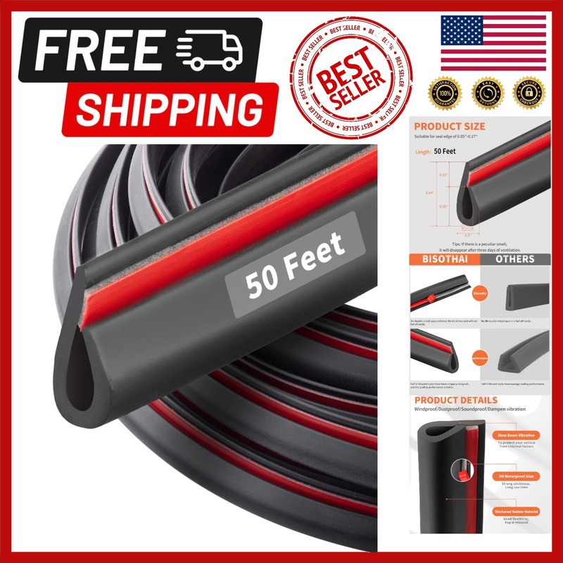 50ft Self-Adhesive Rubber Edge Trim Seal Strip for Cars & Doors – Easy Cut