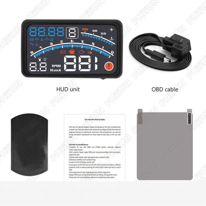 DC 9-16V 5.5″ HUD Head-Up Car Dashboard Projector Speedometer Speed Warning Kit
