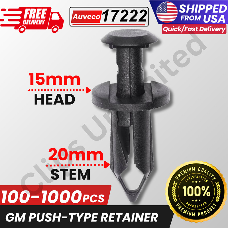 A 17222 Push Type Retainer Black 15mm Head 20mm Stem 8mm Hole, Chrysler 6504555