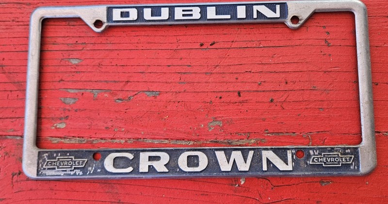 Vintage Dublin Crown Chevrolet Dealership Metal License Plate Frame
