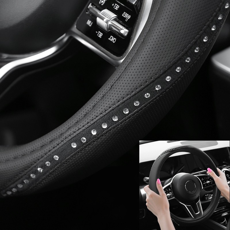 BLING DIAMOND LEATHER STEERING WHEEL COVER STUDDED CRYSTAL RHINESTONES UNIVERSAL