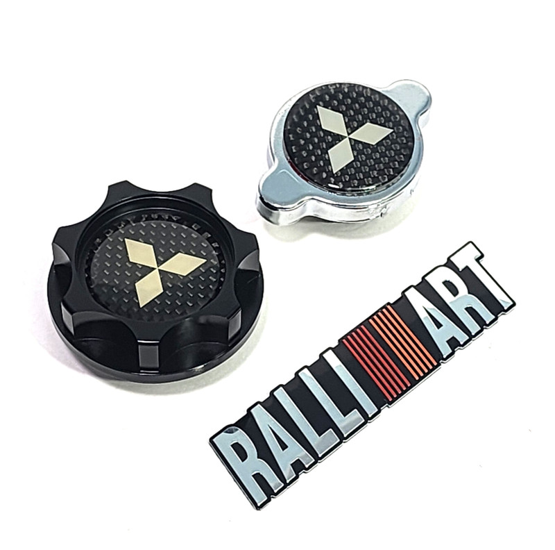 BLACK ENGINE OIL CAP + RADIATOR CAP CARBON FIBER FOR MITSUBISHI RALLIART TURBO